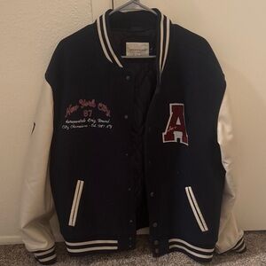 Aeropostale Navy and Cream Jacket with Embroidered NYC Design